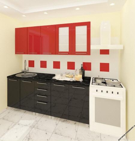 Кухня "Лена" черно-красная с фасадами из глянцевых панелей МДФ (High Gloss)