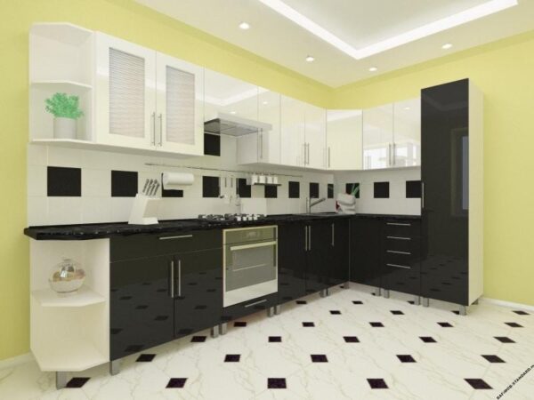 Угловая кухня черно-белая 3,4м х 1,7м с фасадами из глянцевых панелей МДФ (High Gloss)