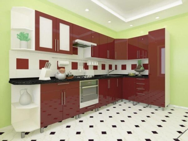 Угловая кухня бордо-бордо 3,4м х 1,7м с фасадами из глянцевых панелей МДФ (High Gloss)