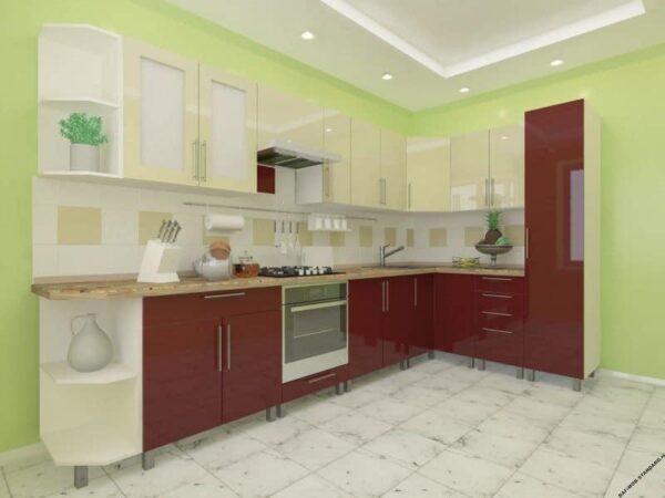 Угловая кухня бордо-крем 3,4м х 1,7м с фасадами из глянцевых панелей МДФ (High Gloss)