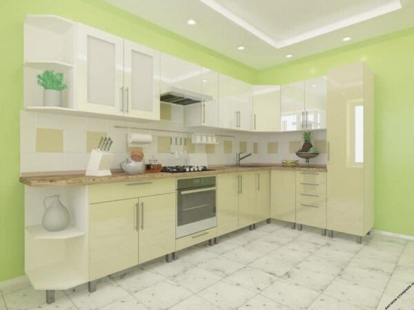 Угловая кухня крем-белая 3,4м х 1,7м с фасадами из глянцевых панелей МДФ (High Gloss)