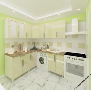 Угловая кухня 1,8м х 1,8м крем-крем с фасадами из глянцевых панелей МДФ (High Gloss)