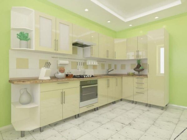 Угловая кухня крем-крем 3,4м х 1,7м с фасадами из глянцевых панелей МДФ (High Gloss)