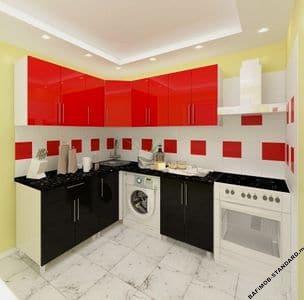 Угловая кухня 1,8м х 1,8м черно-красная с фасадами из глянцевых панелей МДФ (High Gloss)