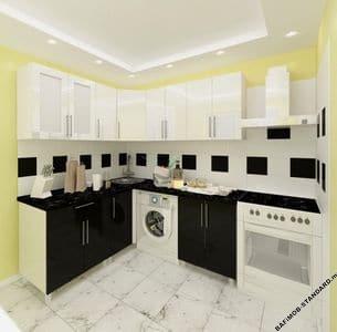 Угловая кухня 1,8м х 1,8м черно-белая с фасадами из глянцевых панелей МДФ (High Gloss)