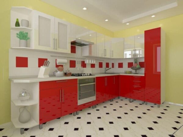 Угловая кухня красно-белая 3,4м х 1,7м с фасадами из глянцевых панелей МДФ (High Gloss)