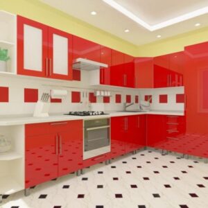 Угловая кухня красно-красная 3,4м х 1,7м с фасадами из глянцевых панелей МДФ (High Gloss)