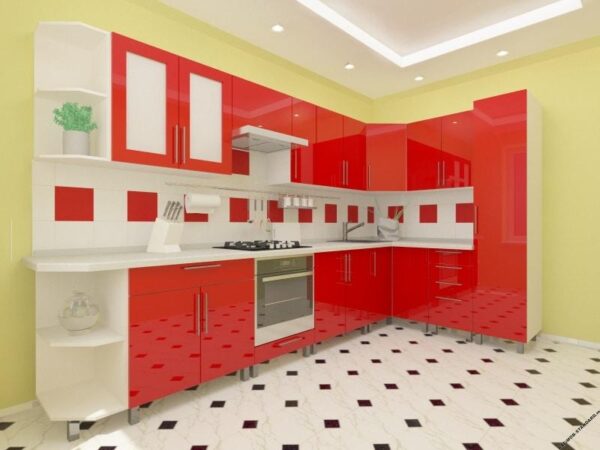 Угловая кухня красно-красная 3,4м х 1,7м с фасадами из глянцевых панелей МДФ (High Gloss)