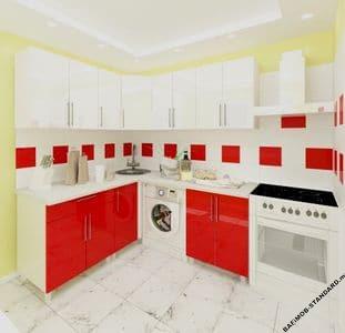 Угловая кухня 1,8м х 1,8м красно-белая с фасадами из глянцевых панелей МДФ (High Gloss)